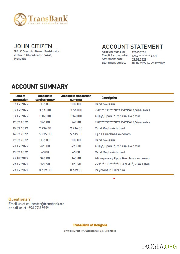 Modèle de relevé bancaire Mongolie Transbank au format Word et PDF
